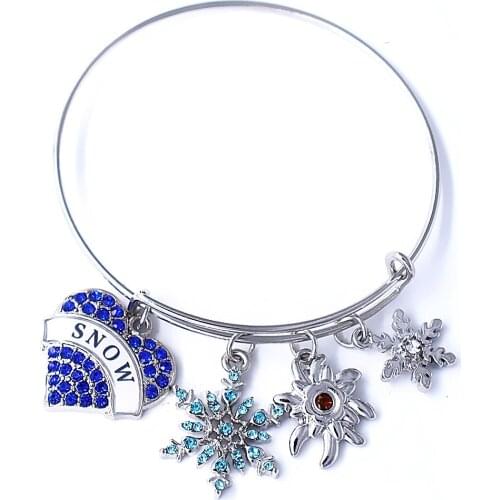 DOUBLE NOSE Christmas Snowflake Pendant Heart Snow Charm Expandable Bangles Bracelets Snowboarder Gift Snowboarding Jewelry