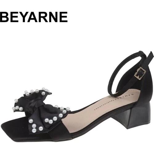 BEYARNE Pearl Bowtie Womens Sandals 2021 Open Toe Strap Square Heels Pumps Woman Summer Chunky Heel Office Sandalias Mujer