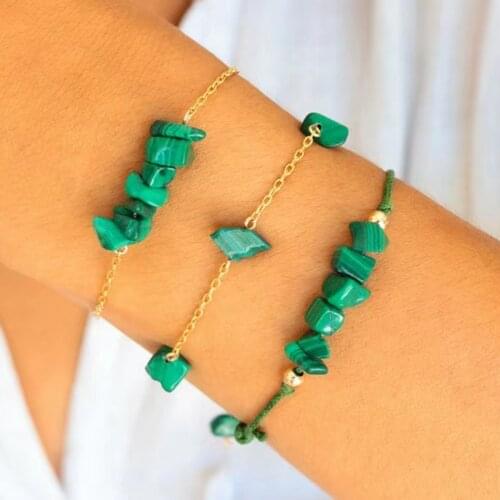2021 Summer Exquisite Dainty Chain Green Natural Crushed Stone Bracelet 3 Pieces Women Malachite Bracelets Set