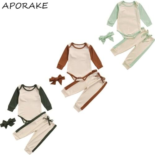 2021 0-24M Baby Girl Boy Fall Clothing Patch Long Sleeve Color Block Romper+Elastic Waist Pants+Headband Set Casual Outfit 3pcs