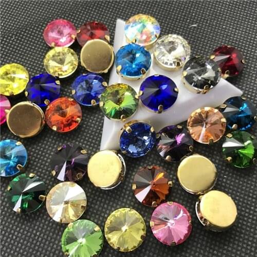 TopStone Round Rivoli Sew On Rhinestones With Gold Claw Setting 8 10 12 14 16 mm Sewing glass crystal stones for clothing
