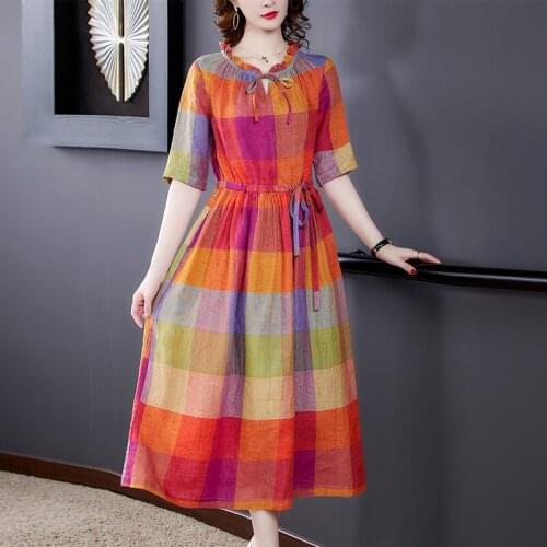 Linen Dress Summer New long Ramie Plaid Print Dress Luxury Fashion Loose Short Sleeve Dress Plus Size High Quality Elegant Dress