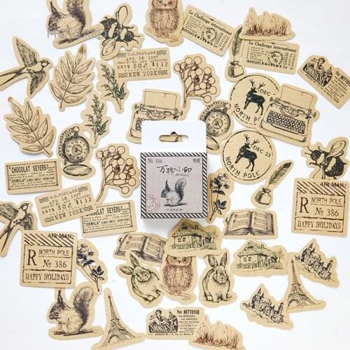 46Pcs/box European Vintage Sticker Scrapbooking Animal/plant/building Kraft Paper DIY Decorative Adhesive Label Journal Supplies