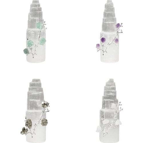 Natural White Selenite Tower Inlaid Silver Flower Branches Figurine Quartz Tower Healing Crystal Stone Crafts Home Decoration