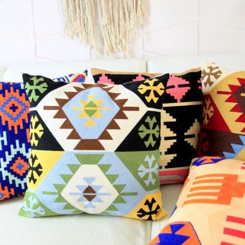 Cotton Thread Embroidery Cushion Cover Kilim Colorful Aztec Pillow Case with Embroidered For Sofa Seat Simple Home Decor 45*45cm