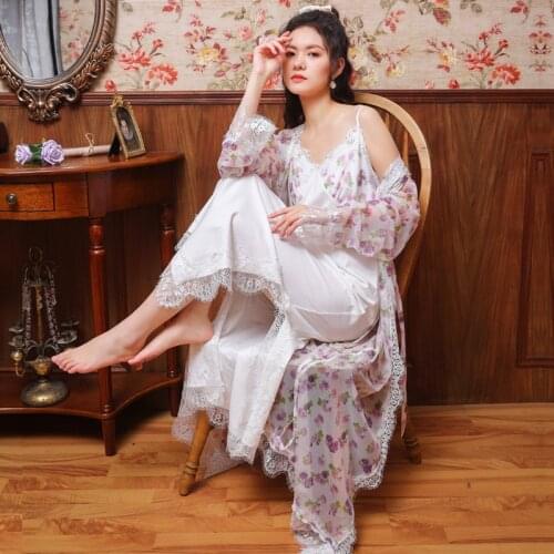 Women Long-sleeved Nightgown Spring Cotton Suspenders Nightdress Palace Style Princess Printed Robe Sets 2-piece Sexy Sleepwear