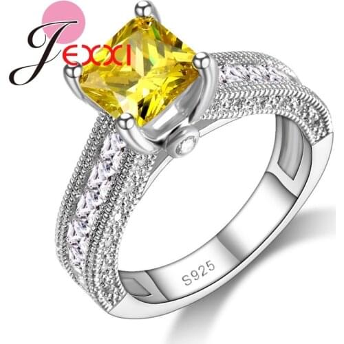 New Square Design Fashion 925 Sterling Silver Ring Yellow Cubic Zironia Wedding Rings Women Luxury Bridal Bands Jewellery