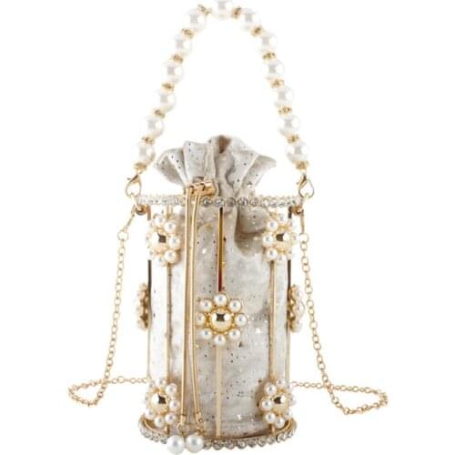 Girls Red Black Pearl Beaded handbag Bucket Women Flower Evening Bags Bridal Chain Shoulder Bag Wedding Purses and Handbags bag