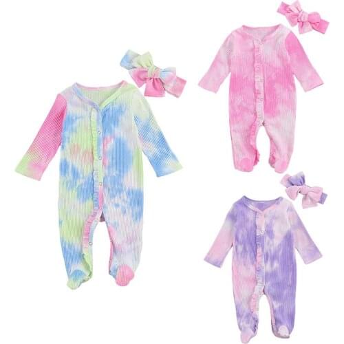0-9M Newborn Baby Boy Girl Long Sleeve Single Breasted Tie-dyed Cotton Romper Jumpsuit Headband 2PCS Baby Clothes