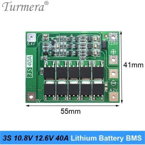Turmera 3S 40A BMS 18650 21700 26650 Lithium Battery Standard Protected Board 10.8V 12.6V for Screwdriver Drill and Headlamp Use