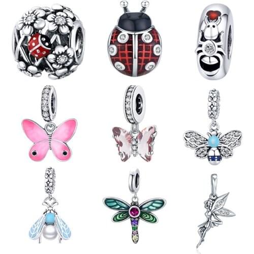 WOSTU Authentic 925 Sterling Silve Insect Butterfly Charms Pendant Fit Bracelets Women Party Fashion DIY Jewelry Gift Making