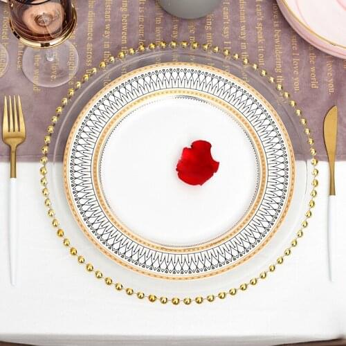 Nordic Gold Bead Glass Charger Dinner Plated Dish Decorative Salad Fruit Wedding Plate Dinner