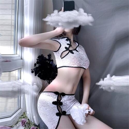 Sexy Maid Uniform Cute Girl Cospaly Costume Hollow Out Cheongsam Lingerie Women Nightwear Chino Qi Pao Set Clubwear Sex Clothing