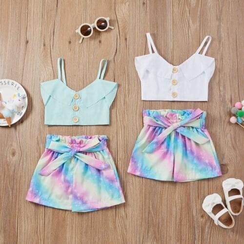 Newest arrival 2Pcs Kids Summer Tracksuit Solid Color Button-Open Flounce Tank Tops+Starry Shorts for Girls 6 Months to 4 Years