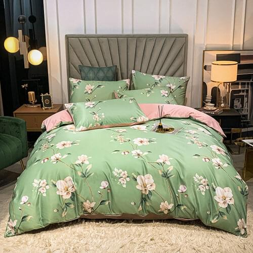 Svetanya Green Pastoral Flowers Printed Bedding Set Linens Pillowcase Sheet Duvet Cover Queen Set Size Polyester Satin
