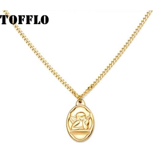 TOFFLO Stainless Steel Jewelry Oval Angel Boys Pendant Necklace Womens Fashion Clavicle Chain BSP440