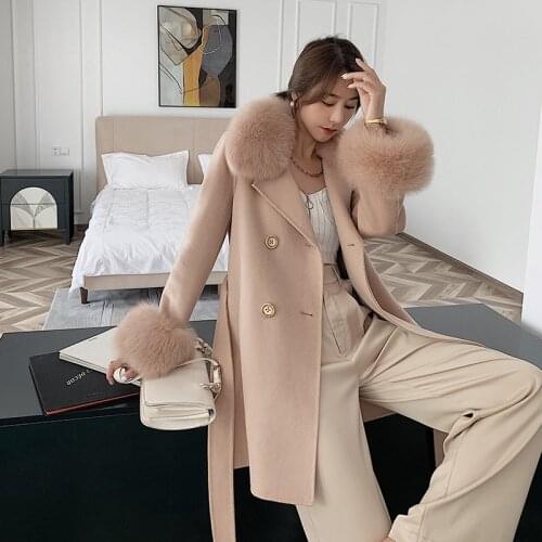 Eruopean Brand fashion medium-long belted real wool Trench coats spring warm real fox fur jackets outerwear