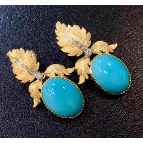 Gorgeous 24K Gold Leaf Set Diamond Hanging Turquoise Hoop Earrings Bride Wedding Engagement Jewelry Gifts