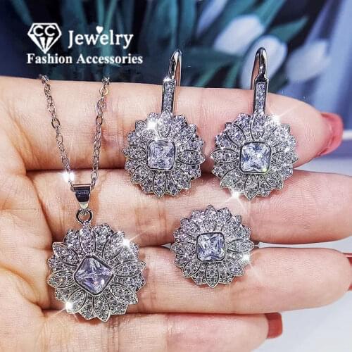 CC Flower Shape Jewelry Set Fine Jewelry 925 Silver Earring Necklace Ring Sets for Women Wedding Engagement Accessories CCE743