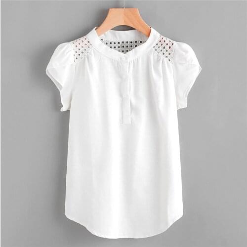 Women Solid O-neck Hollow Out T-shirt Short Butterfly Sleeve Casual Tops Buttons Casual Loose Tshirt Camiseta Mujer Verano #PY