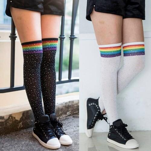 Stockings Women Rainbow Rhinestone Thigh High Over The Knee Sparkle Women Socks Warm Soft Winter Socks Calcetines De La Mujer