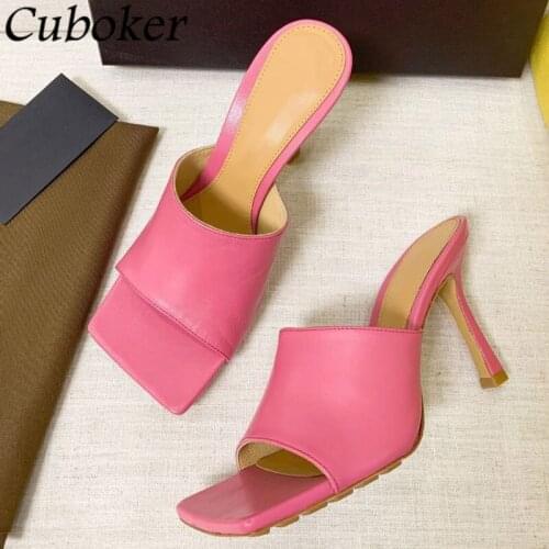 Summer Brand Runway Women Slippers Peep Toe High Heel Back Cover Leather Slides Party Dress Designer Slippers For Women Mujer