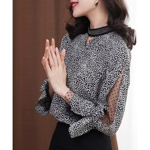 Autumn Fashion Womens Blouse And Shirts Long Sleeve Lace Patchwork 2xl Pullover Polka Dot Casual Tops Black For Summer