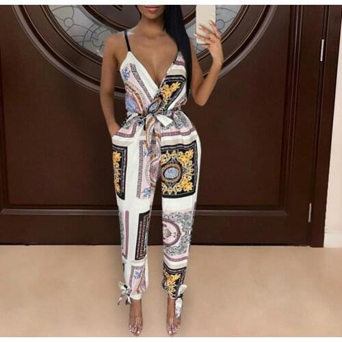 Cropped Jumpsuit Women Ethnic Print Spaghetti Strap Women V Neck Waist Tied Ankle Tied Autumn Jumpsuit Vacation