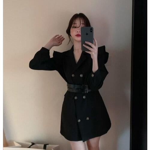 Women 2021 Spring Autumn Elegant Double-Breasted Suit Collar Dress Female Fashion Long Sleeve Slim Fit Dresses Vestidos Z314