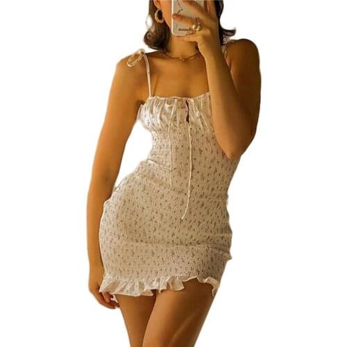 Women Bodycon Mini Dress, Self-Tie Spaghetti Strap Floral Print Shirred Sexy Cami Dress for Summer