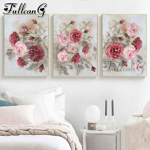 FULLCANG 5d diy diamond embroidery blooming pink flower diamond painting triptych full square round drill home decoration FC3034