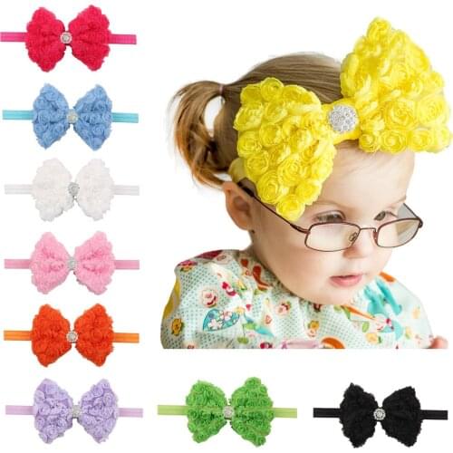 Shining Rhinestone Bowknot Baby Girl Elastic Headband Cute Handmade Rose Flowers Bows Hairband Infant Headwear Photography Props