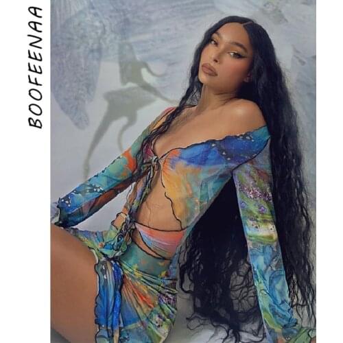 BOOFEENAA Aesthetic Butterfly Tie Dye Printed Sheer Mesh Mini Dress Y2k Sexy Cut Out Long Sleeve Bodycon Dress Clubwear C85-BF12