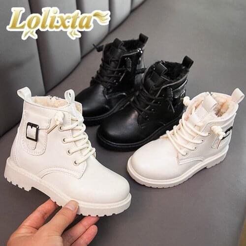 Kids 26-37 size 2020 winter warm thick plush martin boots for little girls boys casual off white juniors fashion children shoes