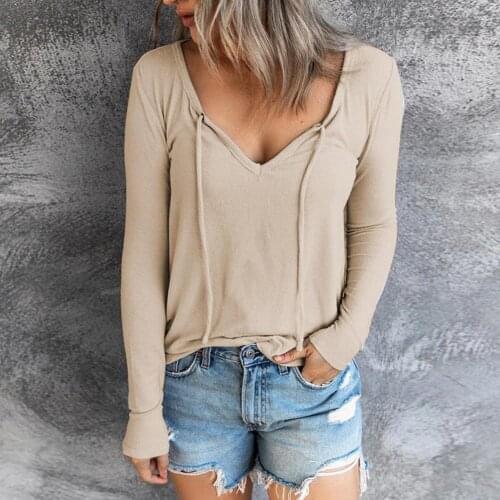 Classic Solid Color Women T-shirt Sexy Deep V Neck Long Sleeve Skin-friendly Autumn Front Lace Up Pullover Top Travel Streetwear