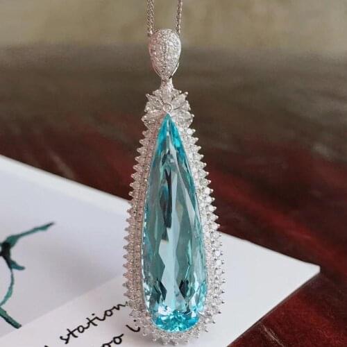 H615 Fine Jewelry 8K White Gold AU750 Natural Blue Aquamarine 10.15ct Gemstones Diamonds Ladys Pendants for Women Fine Necklace