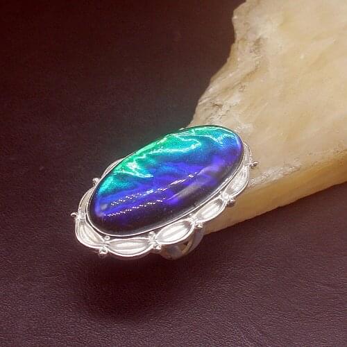 Hermosa Jewelry Oval Shape Unique Dichroic Glass Silver Color Wedding Charms Band Ring For Women Men Size 5.5 FQ168