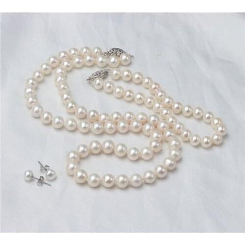 New Arriver Pearl Jewellery Set,6-7mm Near Round Cultured Freshwater Pearl Necklace Bracelet Earrings,Bridal Wedding Woman Gift