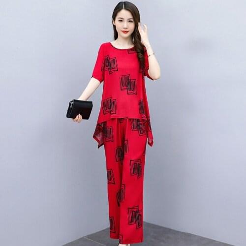 Summer O-Neck Print Trouser Suits for Women Casual Short Sleeve Ladies Outfits Plus Size Female Pants Tracksuits with Pockets