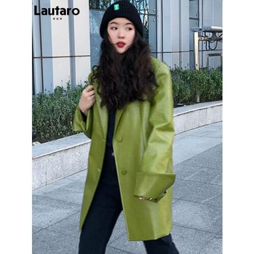 Lautaro Autumn Avocado Green Oversized PU Leather Blazer Long Sleeve Lapel Single Breasted Loose Korean Fashion 2021 Y2K Jacket