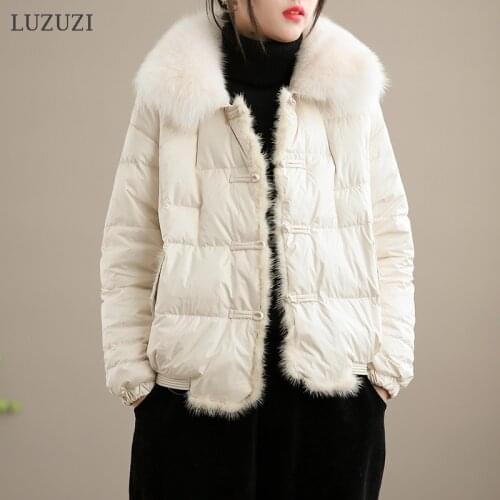 LUZUZI 2021 New Winter Women Real Fox Fur Collar 90% White Duck Down Jacket Puffer Coat Female Korean Vintage Button Warm Parkas