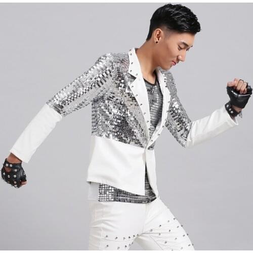Fashion Mens Silver Paillette Slim suit costumes Nightclub Male DJ singer stage show performance coat