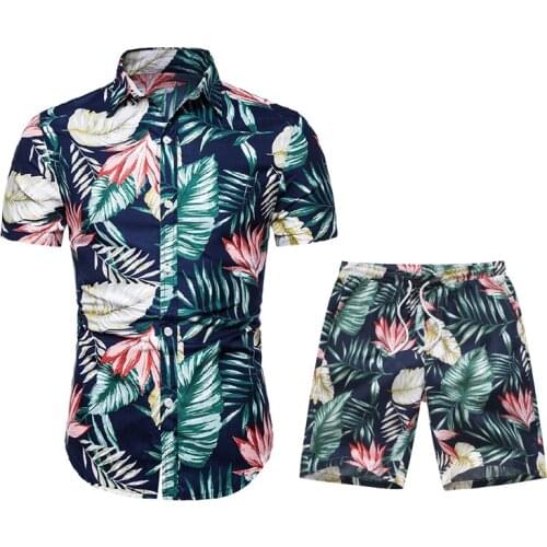 Hawaiian Clothes Mens Sets Beach Boardshorts Short Sleeve Pineapple Print Hawaiian Shirts Leaf Swimwear Travel 2 Pieces Sets