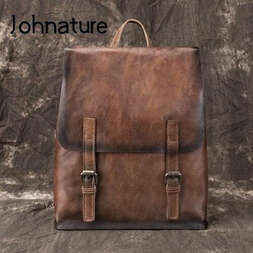 Johnature 2020 New Vintage Genuine Leather High Quality Men Backpack Travel Bag Large Capacity Solid Color Cowhide Backpacks