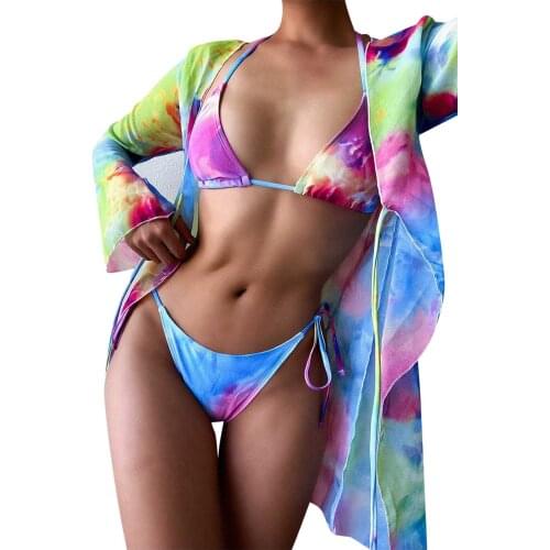 New Sexy Tie Dye With Sarong Bikini Female Swimsuit Women Swimwear Three-pieces Bikini Set Bather Suit Swim Lady