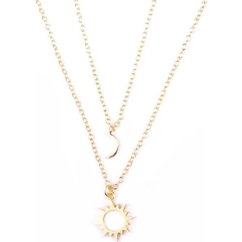 Sun Moon Double Layers Choker Necklaces Pendant For Women Golden Color Jewelry Making Multi-layer Collar Necklace