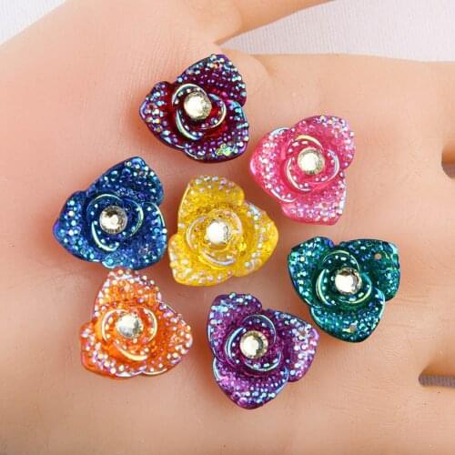 BOLIAO 10Pcs 19mm Rose Flower AB Color Shiny Resin Rhinestone Flat Back Sew On Bags/Clothes Pendant Decoration R311