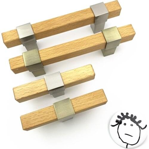 LCH Nordic Style Real Wood Handle Zinc Alloy Drawer Handle Vintage Drawer Knob Door Pull Cabinet Handle Matt Silver Ancient