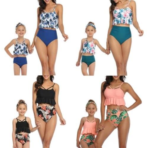 Family Swimsuit Parent-child Casual Swimsuit Leaves Floral Printed Pattern Backless Tops and Swimming Shorts Swimwear 2-14Y S-XL