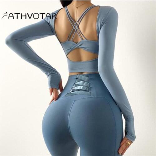 ATHVOTAR Quick Dry Sports long Sleeves Top Women Fitness Back Cross Solid Shirt Running Breathable Slim Fit Training Sweatshirt